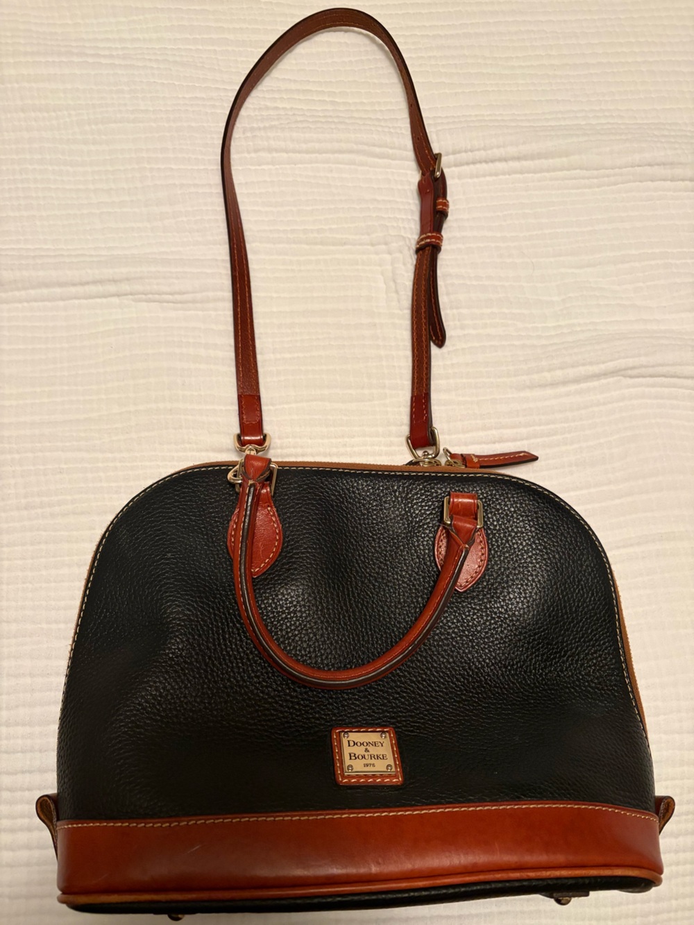 Dooney & Bourke Black Pebbled Leather Satchel with Brown Trim